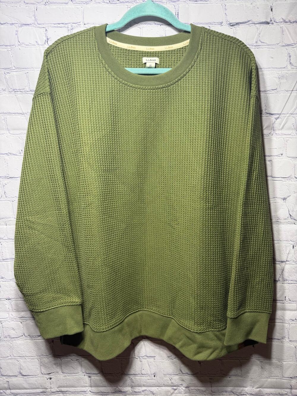 L.L.Bean Womens Waffle Knit Side Zip Pullover Sweatshirt Green Sz 1X Casual